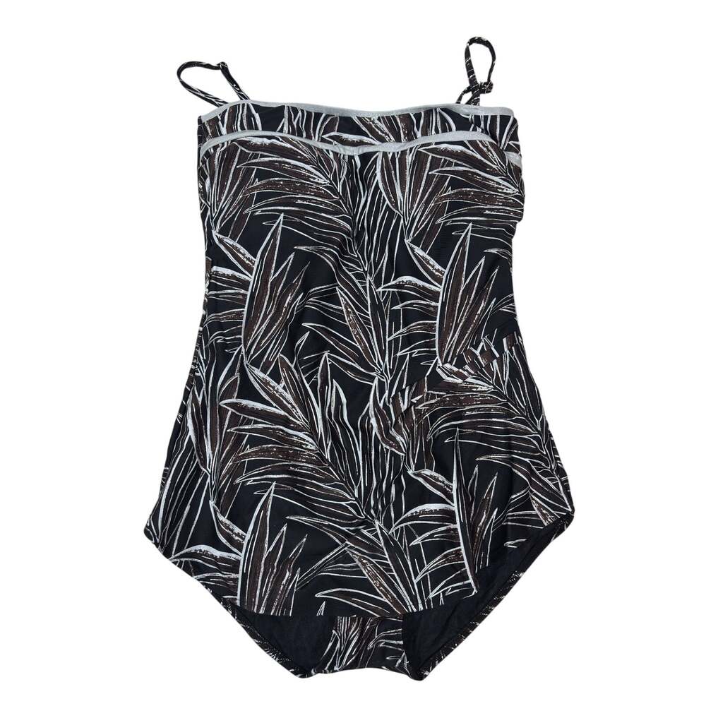 Gottex Swimsuit Womens 12 Black Brown White Tropical Palm Print Metallic Trim